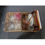 Two boxes containing assorted glassware, metal duck ornaments,
