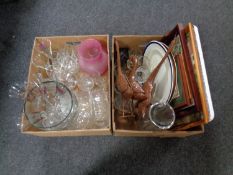 Two boxes containing assorted glassware, metal duck ornaments,