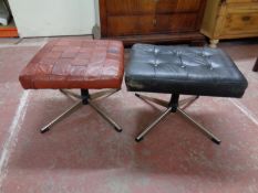 Two 20th century leather footstools on metal pedestal bases