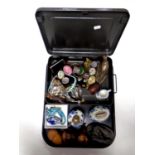 A tray containing metal cash box containing costume jewellery, pair of silver salts,