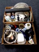 Two boxes containing miscellaneous china to include wall plates, teapots,