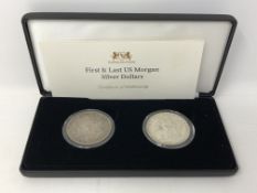 Two American silver dollars, The First and Last US Morgan Silver Dollars, boxed with certificate.