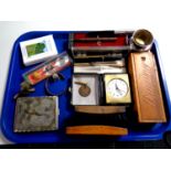 A tray containing miscellaneous to include stirrup cup in case, silver mechanical pencil,