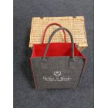 A wicker hamper together with a DeVere and Brooks cloth bag