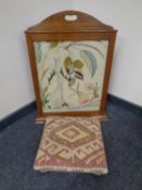 An oak framed tapestry Art Nouveau fire screen decorated with Haires together with a further