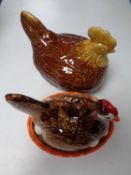 A Schramberg Pottery hen dish with cover together with one other