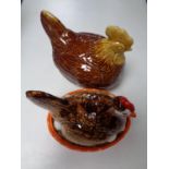 A Schramberg Pottery hen dish with cover together with one other