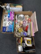 Four boxes containing miscellaneous to include assorted ceramics, down lights,