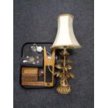 A tray containing antique brass table lamp with shade in the form of a plant,