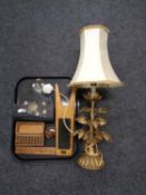 A tray containing antique brass table lamp with shade in the form of a plant,