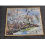 A T Leigh oil on board, Impressionist Winter Landscape,