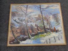 A T Leigh oil on board, Impressionist Winter Landscape,