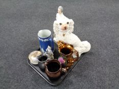 A tray containing antique and later ceramics to include a Staffordshire figure of Havlock,