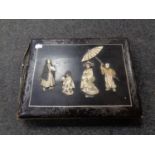 An antique Japanese black lacquered photo album with relief panel front