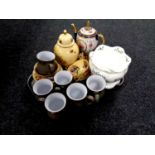 A tray containing assorted china to include the Faberge egg imperial teapot, Aynsley china planter,