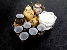 A tray containing assorted china to include the Faberge egg imperial teapot, Aynsley china planter,