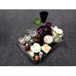 A tray containing assorted antique and later glassware, clay pipe, oriental lidded trinket pot,