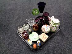 A tray containing assorted antique and later glassware, clay pipe, oriental lidded trinket pot,