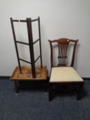 A 19th century mahogany dining chair together with a mixed wood coffee table with gallery and a