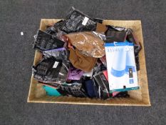 Two boxes containing, bedding, tights, pencils, sockets,