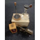 A wine aerator in wooden crate together with a miniature copper tea boiler in box,