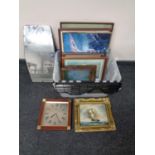 A box containing assorted framed pictures and prints, oil on board, tall ship at full sail,