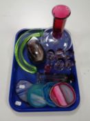 A tray containing two tone glass liqueur decanter with glasses, glass paperweight, bud vase,