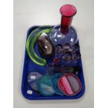 A tray containing two tone glass liqueur decanter with glasses, glass paperweight, bud vase,