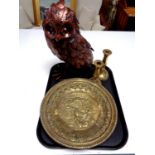 A tray of metal sculpture of an owl together with two brass embossed plaques and pair of antique