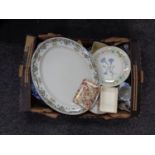 A box containing antique and later china and ceramics to include Maling brown chintz trinket dish,