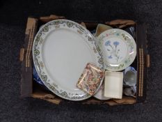 A box containing antique and later china and ceramics to include Maling brown chintz trinket dish,