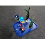 A tray containing Murano glass clown together with three further Venetian glass dog and fish