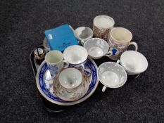 A tray containing assorted ceramics to include a 19th century hand painted tea bowl with saucer,