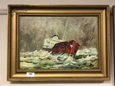 Continental school : Trawler in rough seas, oil on board,