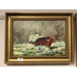 Continental school : Trawler in rough seas, oil on board,