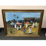 Continental school : Figures in a market, oil on board,