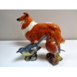 A large Beswick figure of a dog, Border Collie, together with two Beswick figures, birds,