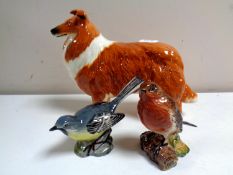 A large Beswick figure of a dog, Border Collie, together with two Beswick figures, birds,