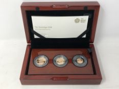 A Royal Mint Three Coin Gold Proof Set 2020 comprising Sovereign,