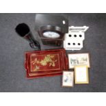 A box containing wooden egg stand, ceramic vase, a cabinet fitted clock,