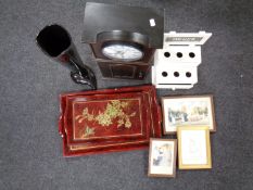 A box containing wooden egg stand, ceramic vase, a cabinet fitted clock,