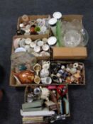 Six boxes containing miscellaneous china, ornaments, vintage soda siphon, glassware,