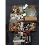 Six boxes containing miscellaneous china, ornaments, vintage soda siphon, glassware,