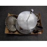 A box containing early 20th century and later metal wares to include plated rose bowl and teapot,