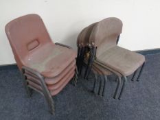 Nine 20th century plastic stacking nursery chairs on metal legs