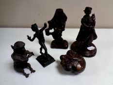 Four bronze figures to include geisha, nude study of a man, monkey,