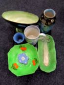 A tray containing assorted ceramics to include a 19th century blue and white tankard, Maling vases,