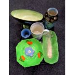 A tray containing assorted ceramics to include a 19th century blue and white tankard, Maling vases,