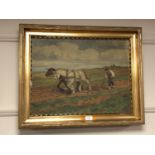 P Hansen : Two shire horses pulling a plough, oil on canvas,