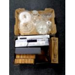 A box containing a quantity of cut glass together with a further box containing Toshiba VCR,